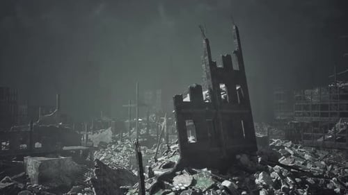 Post-Apocalyptic Destroyed Cityscape with Ruined Buildings and Rubble