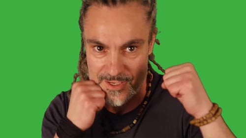 Male Fighter Doing Fight Boxing Practice Training Isolated on Green Screen