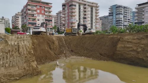 Aerial View Pouring Foundation and Machines on Construction Site
