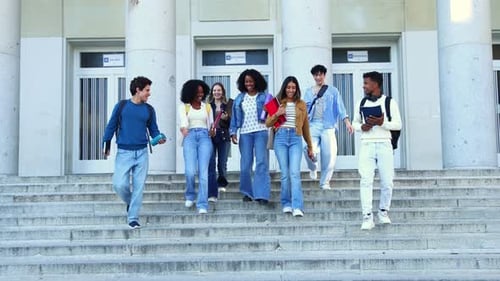 Diverse Group of University Students Leaving Campus