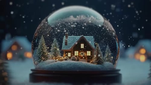 Eine bezaubernde Weihnachts-Schneekugel mit einer gemütlichen Blockhütte, perfekt für die Feiertage
