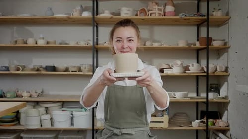 A Woman is Holding a Ceramic Bowl in a Pottery Studio