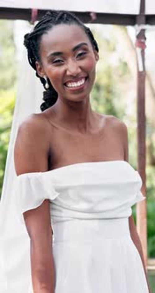 Wedding in garden, portrait of bride with smile and excited for celebration of love