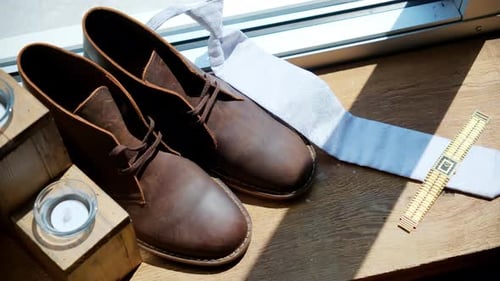 Morning of Groom Wedding Accessories Shoes Tie and Watch Above View