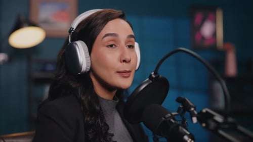 Portrait of Woman Host with Headphones Smiles As Waves Hand on Podcast in Studio