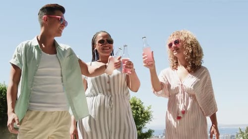 Young Friends Toasting with Drinks Outdoors on Sunny Day