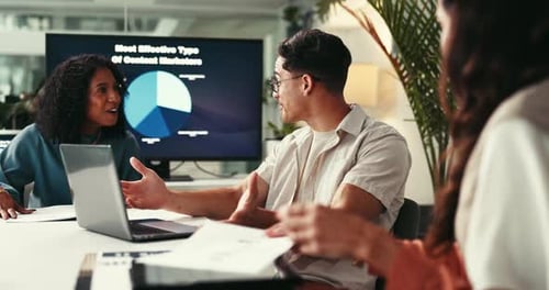 Business people, laptop and applause in meeting, excited and feedback for project
