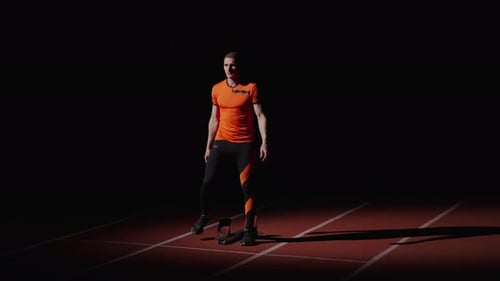 Motivated Sportsman Preparing To Start In Sprint Lane Standing On Starting Blocks Future Champion