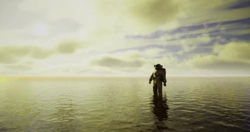 Astronaut Stands in Vast Water Under Sky, Exploring Unknown Planet
