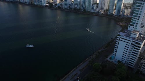 Cartagena, Colombia. Revealing Drone Shot of Bocagrande Hotels and Condominiums on Caribbean Sea