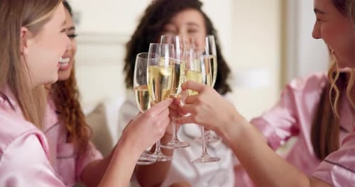 Cheers, champagne and bride with friends for wedding in hotel room with bonding for commitment