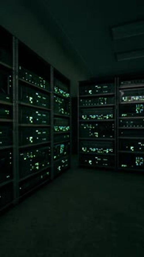 Network Server Room with Servers Running Processes