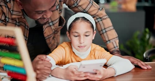 Home school father, calculator and child learning information, typing numbers