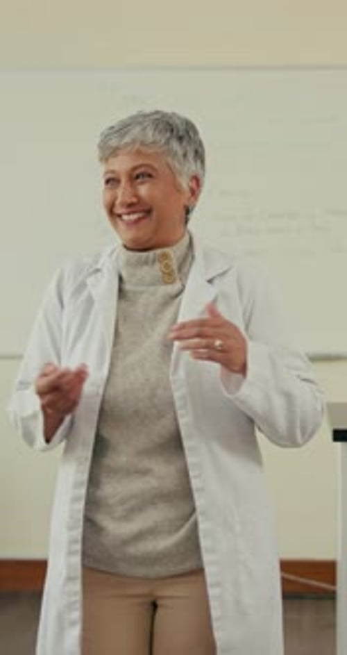 Education, laughing and walking with university teacher in class for knowledge, lesson or study