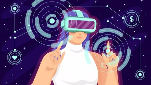Woman in VR Headset Interacting with Digital Interface Animation