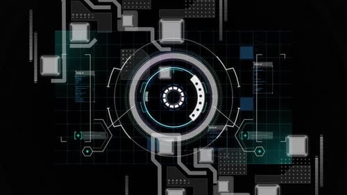 Animation of scope scanning and network of connections over black background