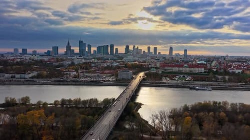 Aerial drone view the Vistula River and Warsaw's skyline with Swietokrzyski Bridge in view