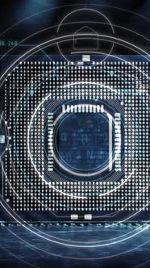 Futuristic CPU with Animated Data and UI Elements