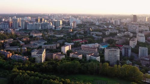 View From Flying Drone Over Morning City