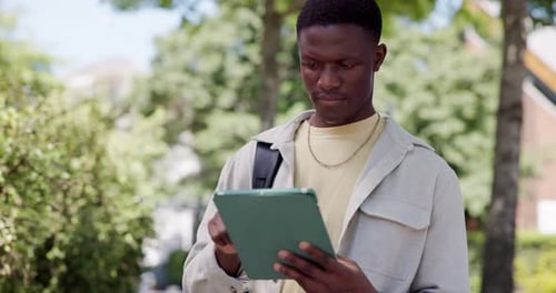 Black man, student outdoor and scroll with tablet for college, environmental study and education
