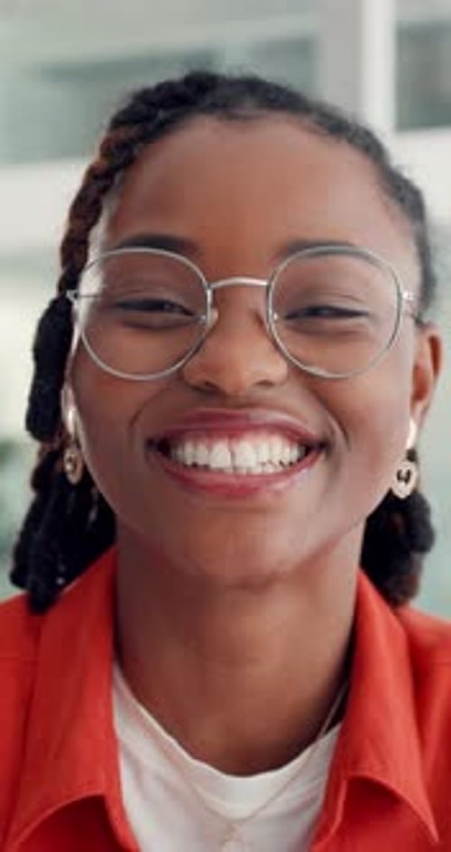 Face, hr or black woman with glasses in office, pride and about us for career development