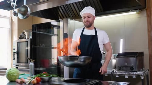 Chef Cook Food with Fire at Kitchen Restaurant Cook with Wok at Kitchen