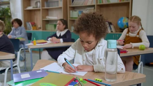 Elementary School Class Children Communicate with the Teacher Answering Question