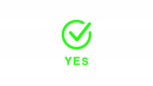 Green checkmark with animated yes text. Clean confirmation visual ideal for approval