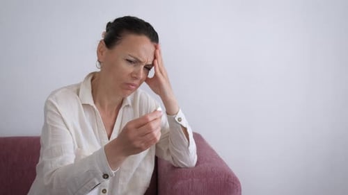 Sick Lady Holding Painkill From Headache
