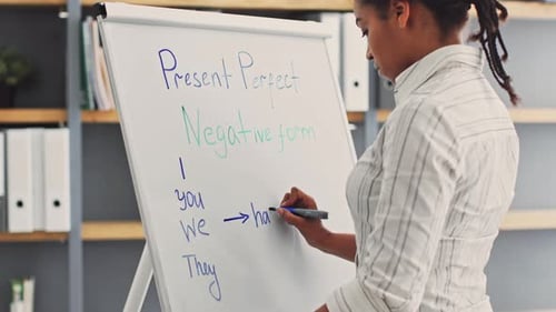 Woman Explaining Grammar on Whiteboard in Office