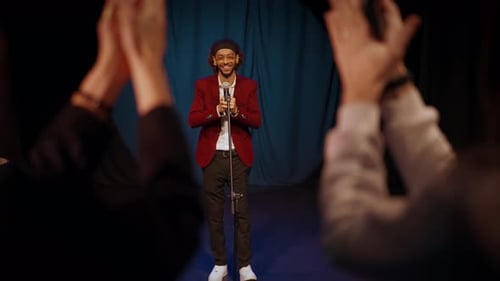 Female Visitors of Standup Comedy Show Applauding Filming Funny Man on Stage Entertainment and