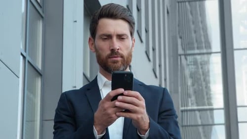 Caucasian Middleaged Business Man Walking in City Chatting Mobile Phone Businessman Outdoors Male