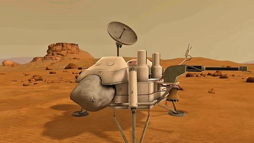 Animated Mars Lander and Rover Exploring Martian Landscape