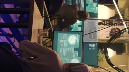 Man Coding at Computers in Neon-Lit Room