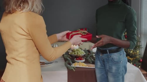 Woman Giving Christmas Gift to Friend at Party