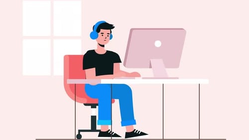 Animated Worker Using Computer in Flat Design Style