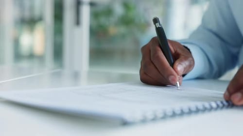 Contract, form and sign paperwork of business man quickly reading through information