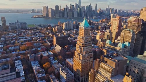 Brooklyn Heights Aerial Panorama Displaying Lower Manhattan Skyline Highlighting Urban Landscape