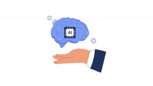 4k Hand mit Gehirn-KI. Animationsvideo zum Entwicklungs- und Innovationskonzept für künstliche Intelligenz