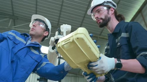 Die beiden Ingenieure überprüfen den Betrieb von Schweißrobotern