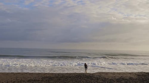 A Woman Stands on a Beach Looking Out at the Ocean