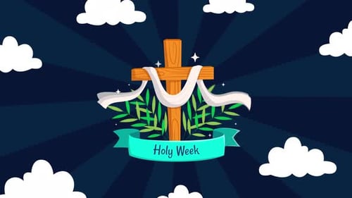 Holy Week Cross with Olive Branches Flat Design Animation