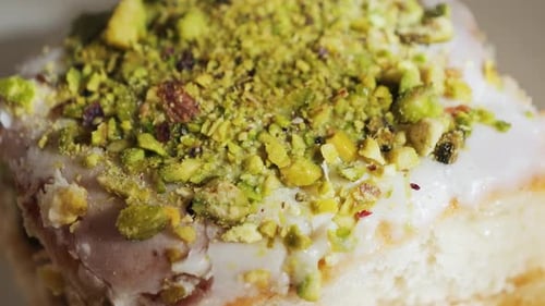Pistachio Glazed Pastry Close Up Cinnamon Bun with Pistachio Fillings