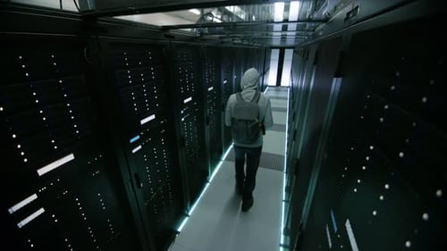 Security Camera Footage of Hacker in a Hoodie Inflitrating Data Center, With His Laptop He Connects