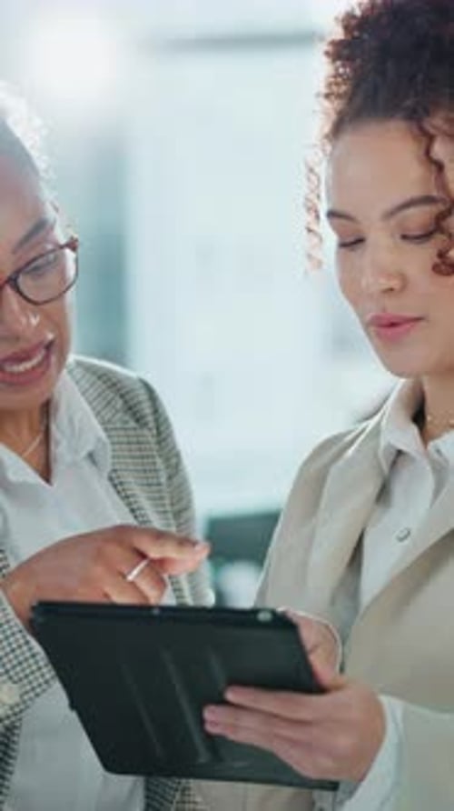 Happy, employees and women with tablet, office and financial planning with info on web