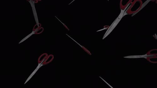 Tijeras rojas cayendo sobre el canal alfa. Lluvia de tijeras sobre la pantalla. Fondo de tijeras.