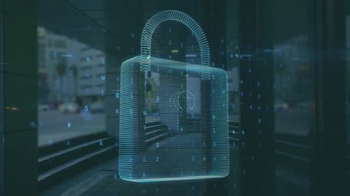 Animation eines Online-Sicherheitsschlosses über der Datenverarbeitung und einem leeren Büro