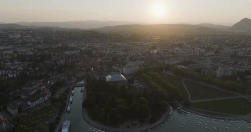 Aerial view of sunset over canal and town, France.