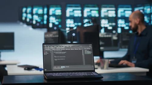 Focus on Laptop Used By Expert in Data Center Running Code in Blurry Background