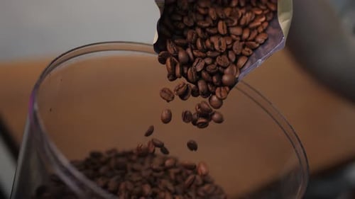 Filling Container with Roasted Coffee Beans in Cafe Closeup